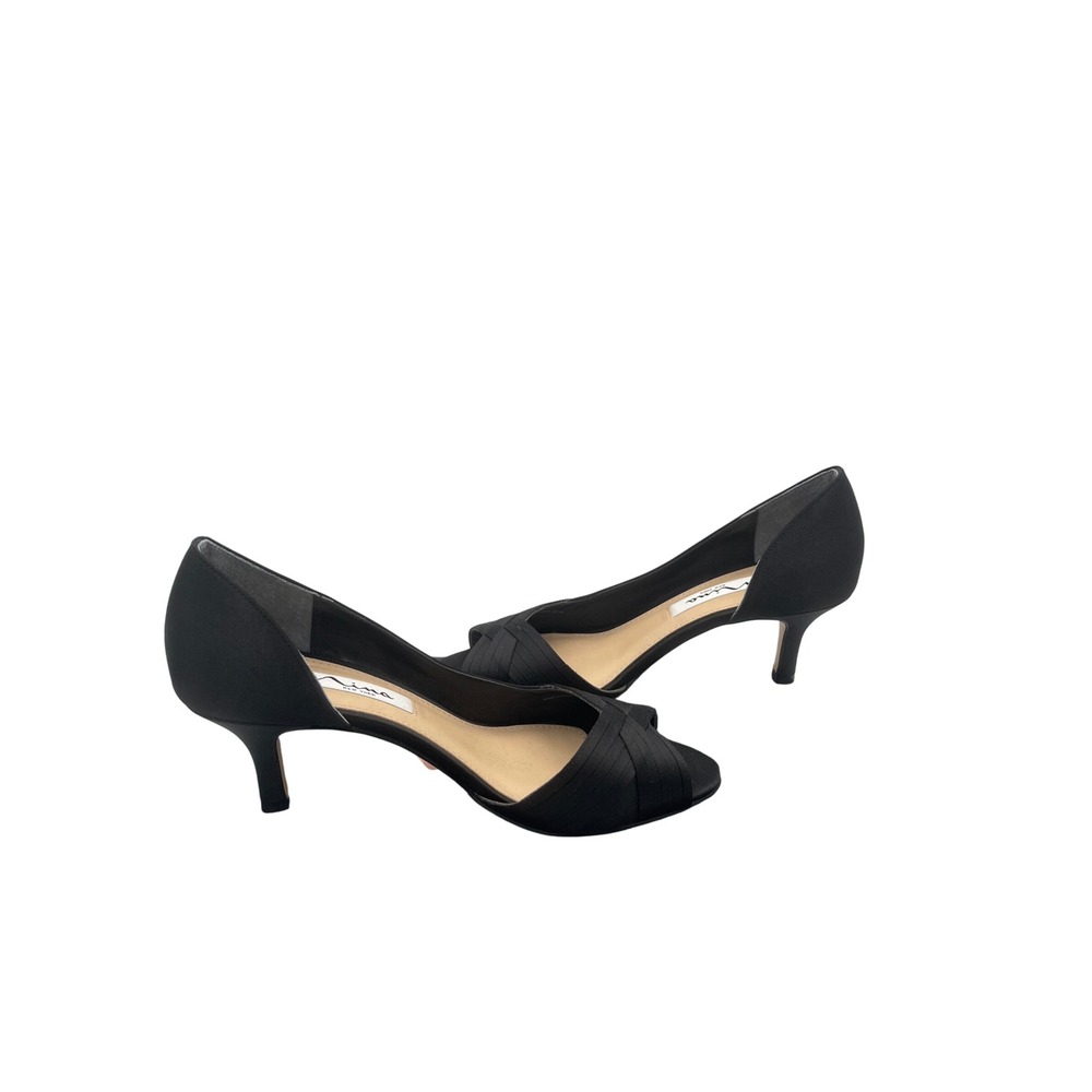 Nina Freja Black Luster Satin Peep Toe Kitten HeelDorsey Pumps Womens 7M G865F8 - Picture 5 of 7